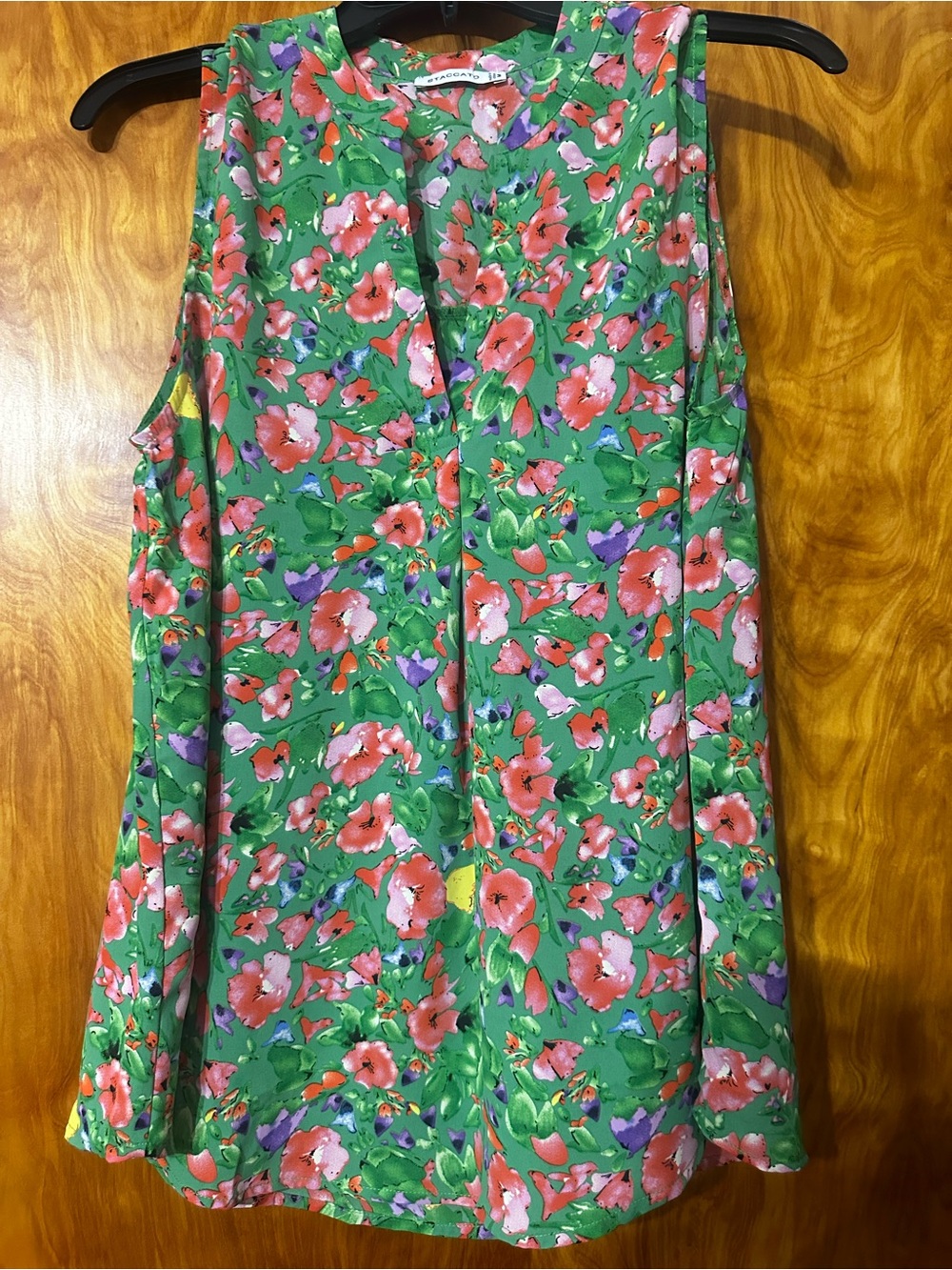 Staccato Green Sleeveless top with Pink and Purple Floral Pattern
